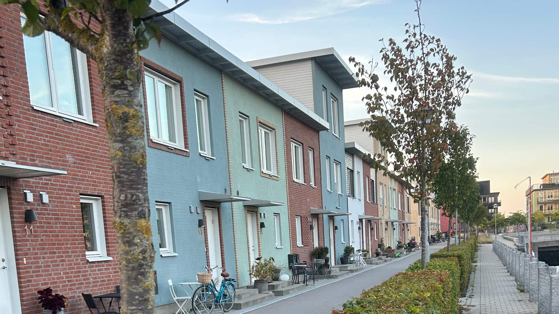 A row of terraced houses with brick and rendered façades, trees and bicycles along the street, evening light.